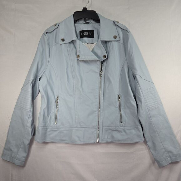 GUESS Moto Faux Leather Asymmetrical Jacket Baby Blue Womens XL Motorcycle Vegan - Picture 1 of 12